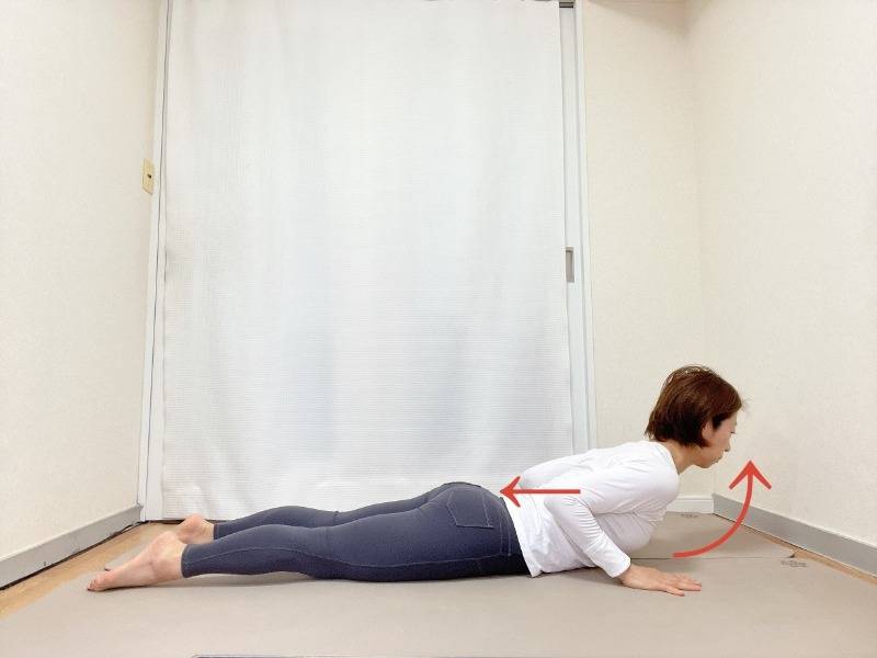うつ伏せから背中の力で上体を上げたベビーコブラのポーズ