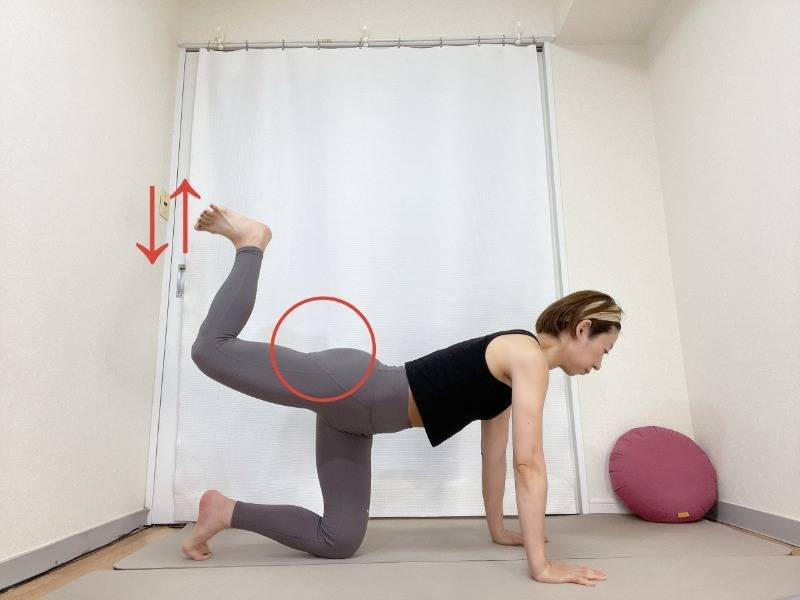 左膝を曲げ、太腿が床と並行になるまで脚を上げた四つ這いから小刻みにかかとを上下に動かすお尻と腿裏を鍛えるエクササイズ