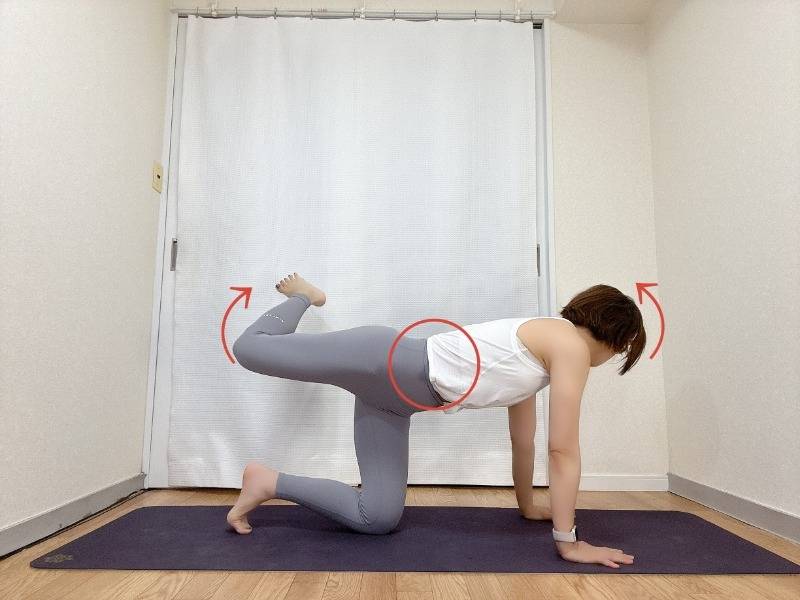 四つ這いから左膝を90度に曲げて床から浮かせ、右にスライド。右肩越しに後ろを振り返り、左脇腹を伸ばすエクササイズ