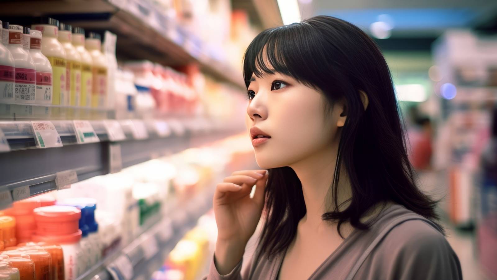 飲み物を選ぶ女性の写真