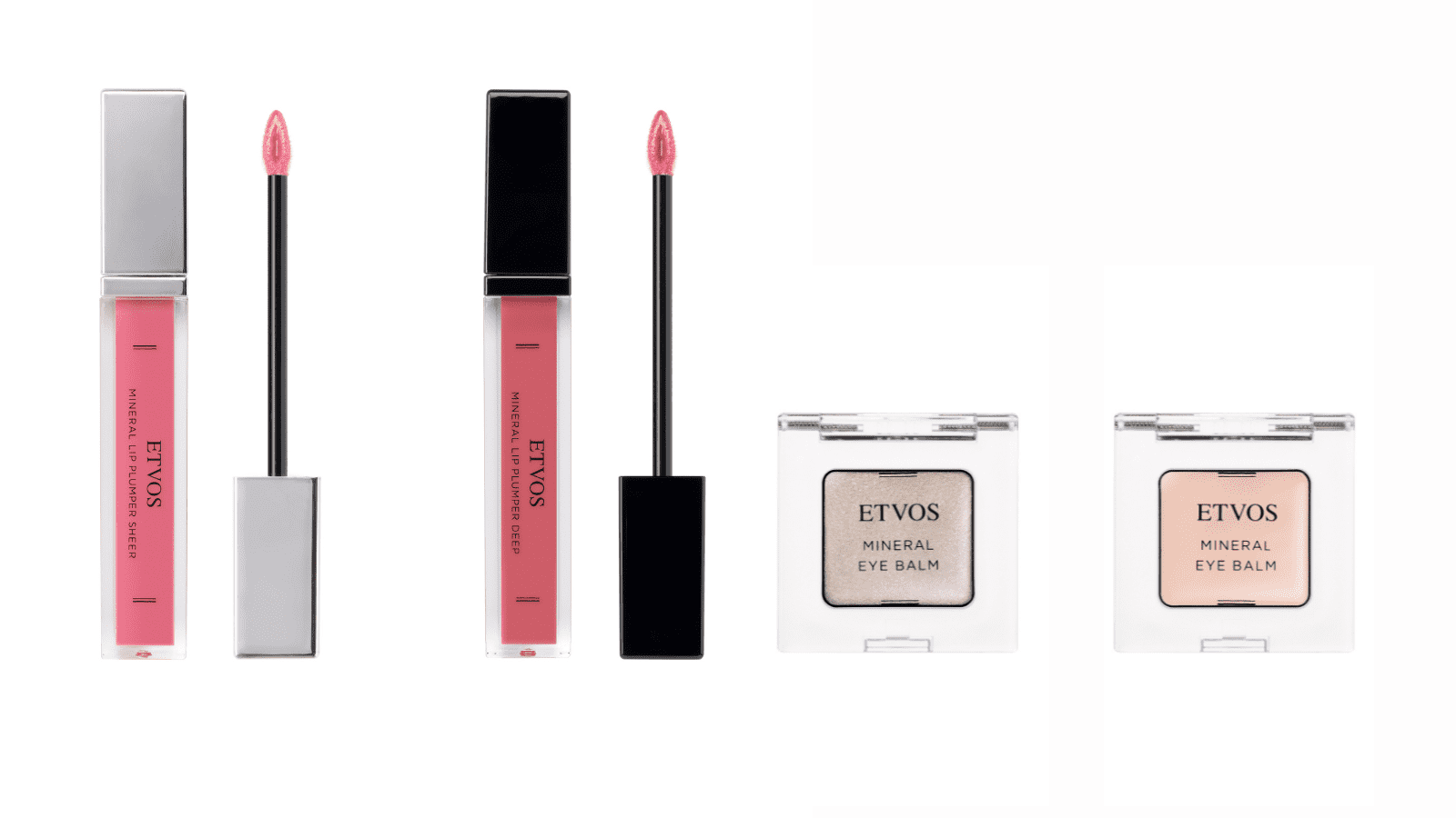 左から：ミネラルリッププランパー　シアー　キャンディベリー、同ディープ　ネクターピンク 各￥3,300（税込）　ミネラルアイバーム　シルバージュエル、同シルキー　ミルクベージュ 各￥2,750（税込）／すべてエトヴォス 問い合わせ先：0120-0477-80