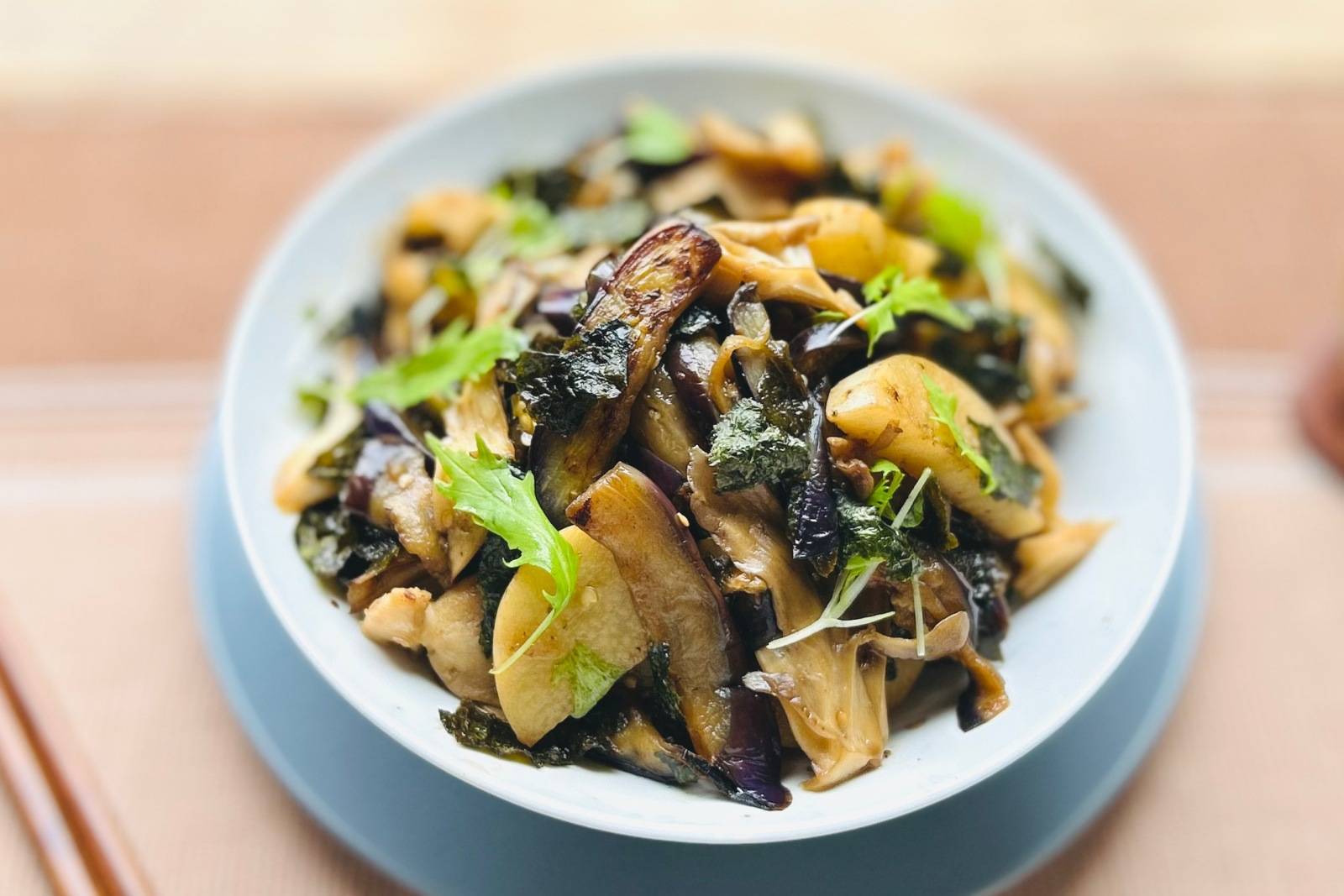 ナスとまいたけの磯炒め