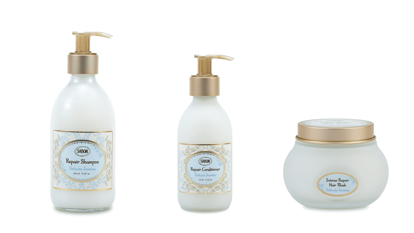 左から：リペアシャンプー 290ml ￥3,740（税込）、リペアコンディショナー 190ml ￥3,740（税込）、リペアマスク 200ml ¥5,500（税込）／すべてSABON 問い合わせ先：SABON Japan 0120-380-688