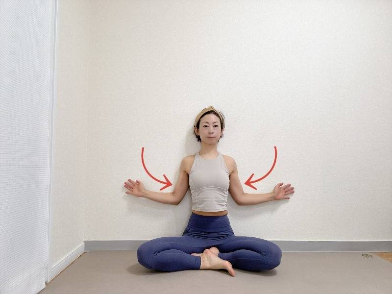 壁を背にしてあぐらで座り、両腕を壁に沿わせながら肘を曲げて体側に寄せた体勢