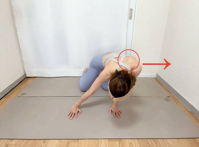 四つ這いから上体を右にスライドし、肩甲骨周辺を緩めるストレッチ