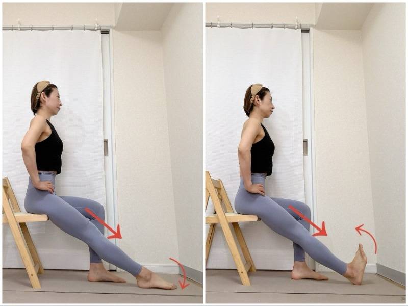 左脚を伸ばして椅子に座り、つま先を突き出し、かかとを突き出す足首のエクササイズ