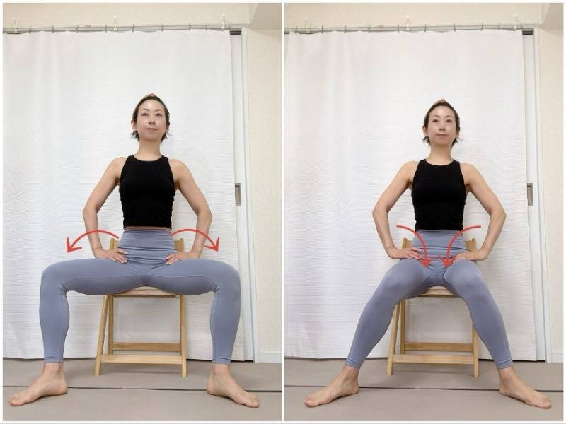 脚を肩幅より広めに開いて椅子に座り、太腿の付け根から内側外側に脚を動かして股関節をほぐすエクササイズ