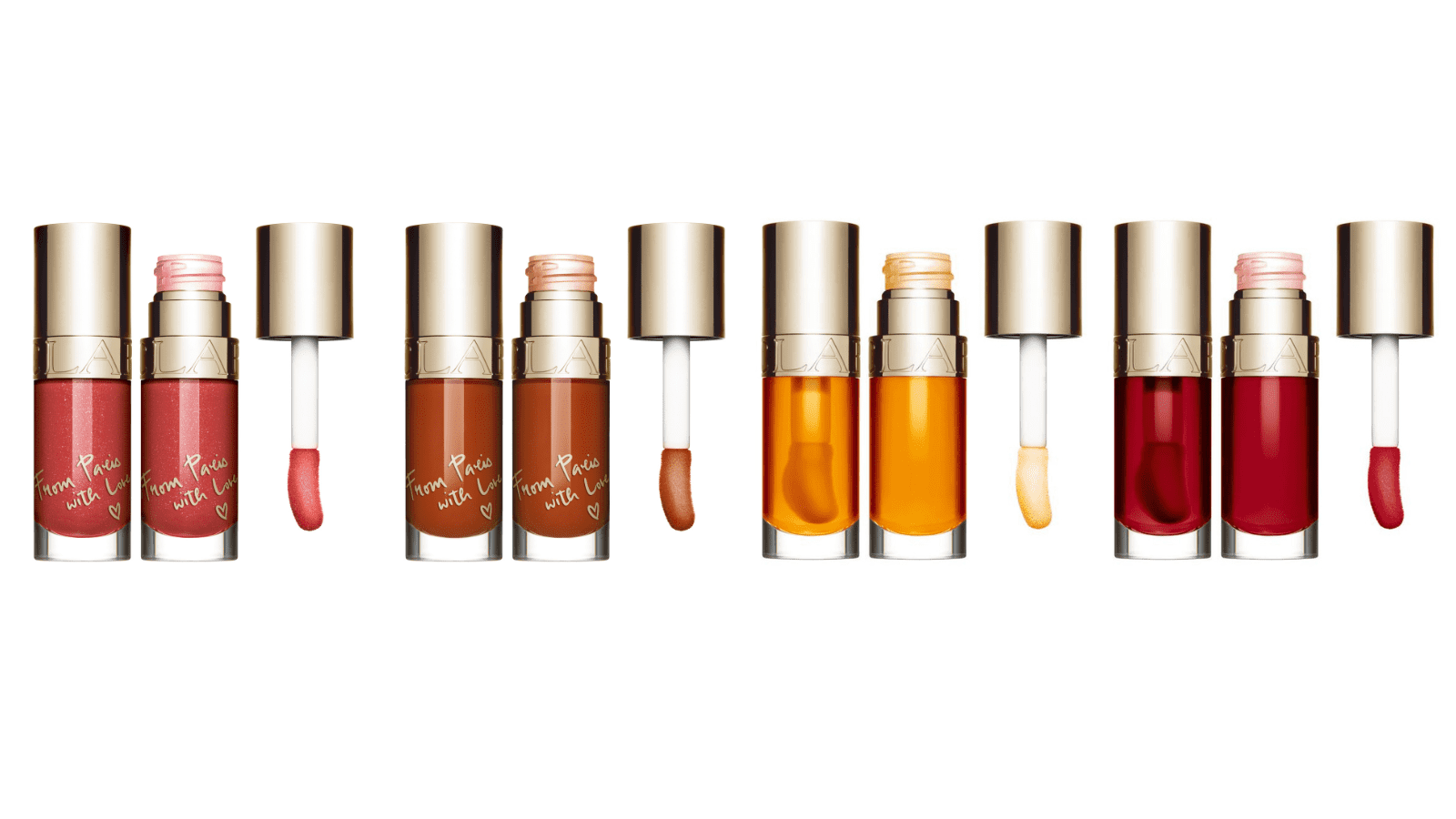 左から：リップコンフォートオイル 29, 30, 01,03 各￥3,960（税込）／クラランス　問い合わせ先：クラランス カスタマーケア 050-3198-9361