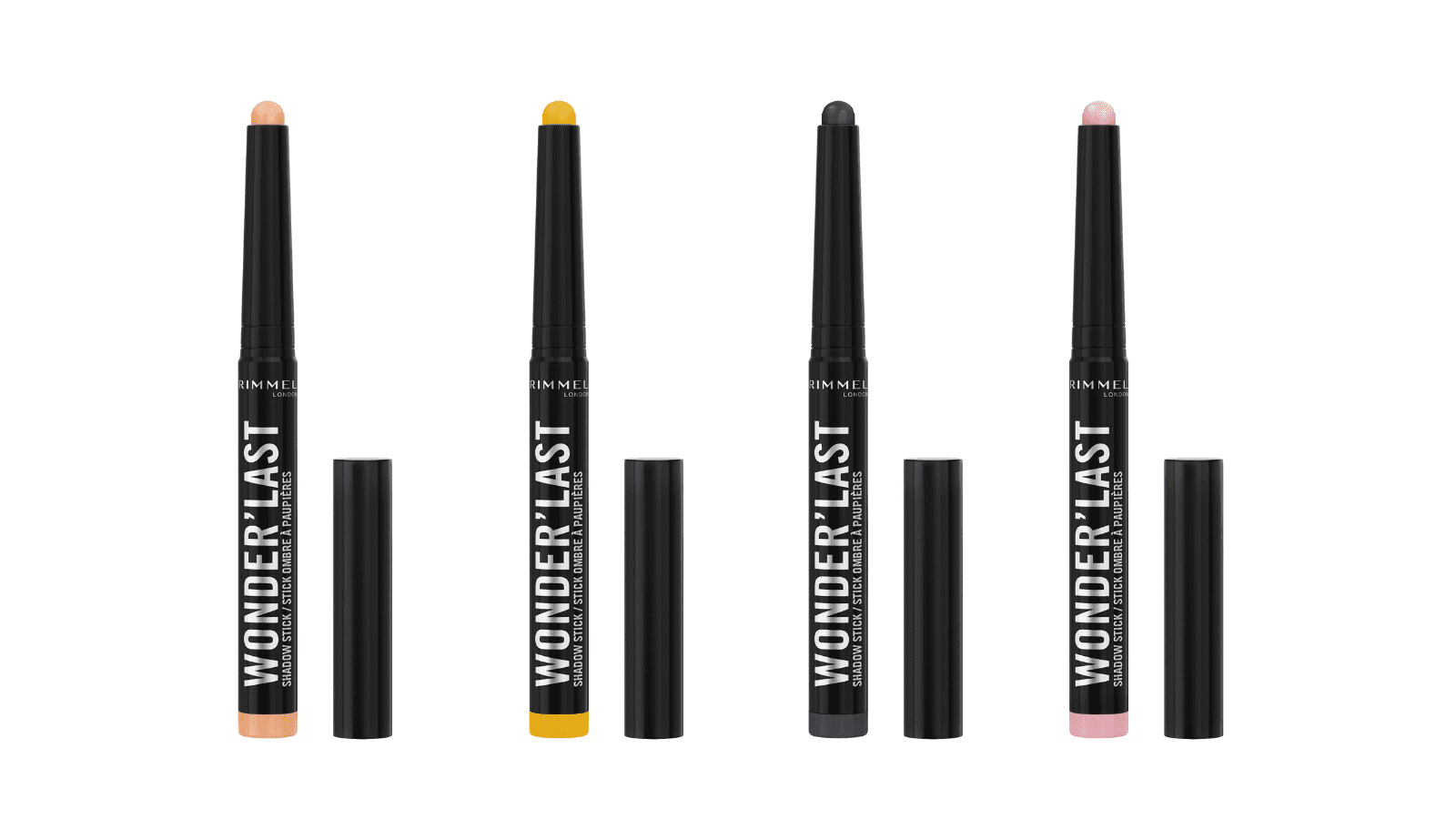 左から：ワンダー ラスト アイシャドウ スティック クリーミーマット アイボリー、ピンク、ネイビー、イエロー 各￥1,540（税込）／リンメル ロンドン　問い合わせ先：コティジャパン：0120-878-653