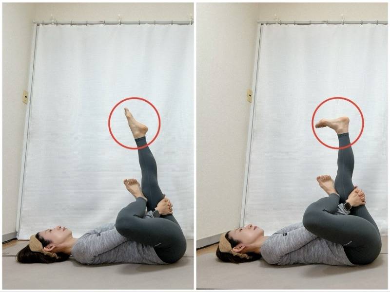 右脚を軸にした針の糸押しポーズから右脚を天井に伸ばして足首を動かすストレッチ