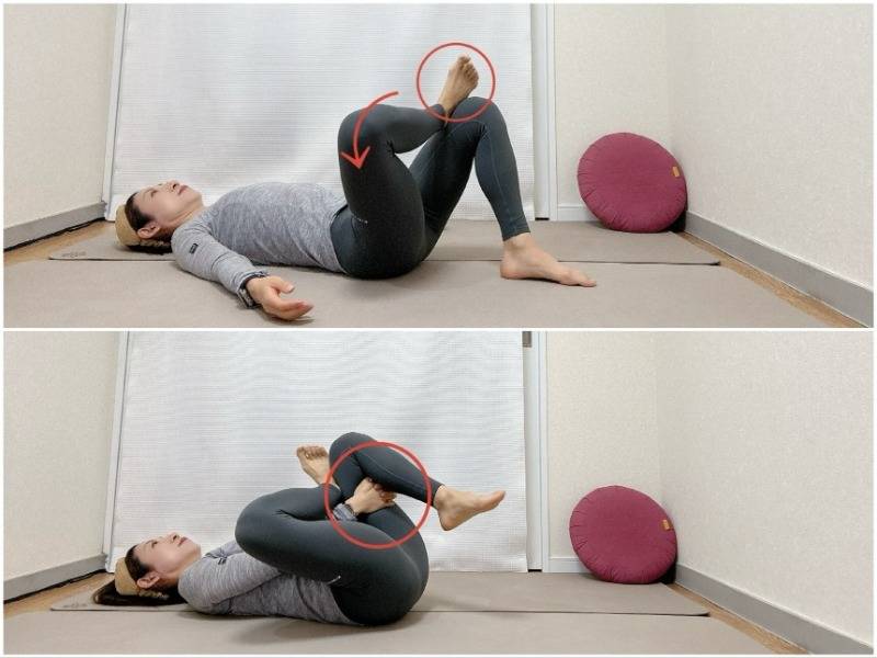 膝を立てた仰向けから右脚を軸にして左足首を右膝にかけ、数字の４の字を作る針の糸通しポーズ