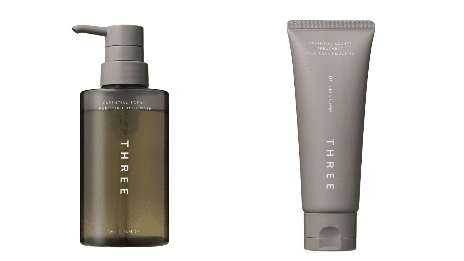 THREE エッセンシャルセンツ ピュリファイング ボディウォッシュ 280mL ¥3,960（税込）同トリートメントフルボディエマルジョン 01 100mL ¥5,500円（税込）／ともにTHREE　問い合わせ先： 0120-898-003