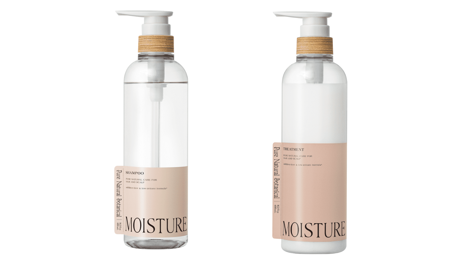 ピュアナチュラルボタニカル モイストリッチシャンプー&nbsp; ボトル 480ml 1,760（税込）、同モイストリッチトリートメント ボトル 480ml ¥1,760（税込）／ともにピュアナチュラルボタニカル　問い合わせ先：03-6757-7767