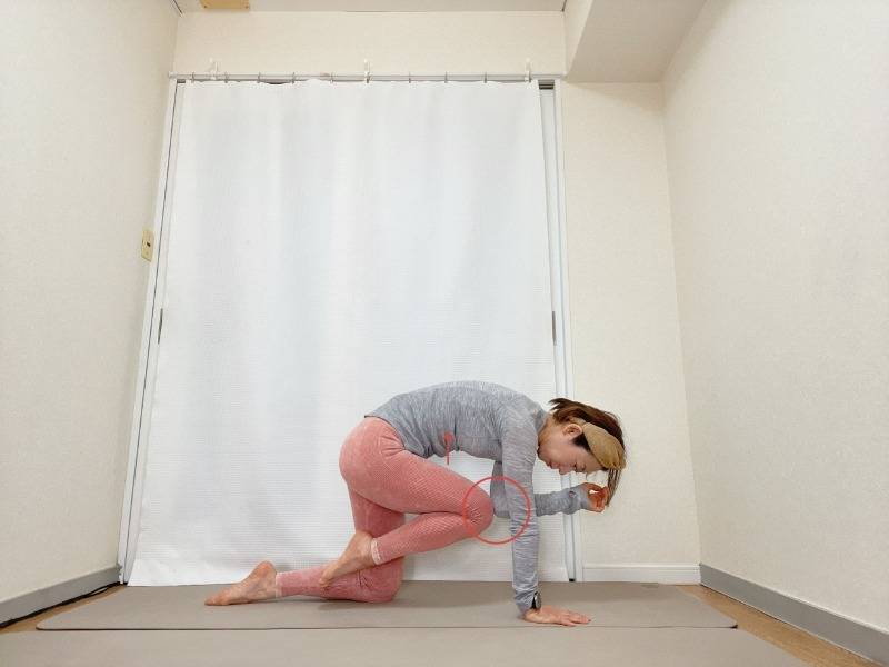 四つ這いで、背骨を丸めながらお腹を引き込む、右肘と左膝を体の中心に引き寄せた体勢