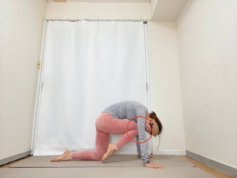 四つ這いで背中を丸め、お腹を引き込んで鼻先と左膝を寄せた体勢