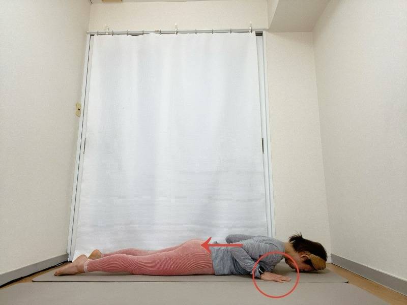 両手を肩の下、胸の横の床に着いて肩甲骨を下し、つま先を伸ばしたうつ伏せの体勢