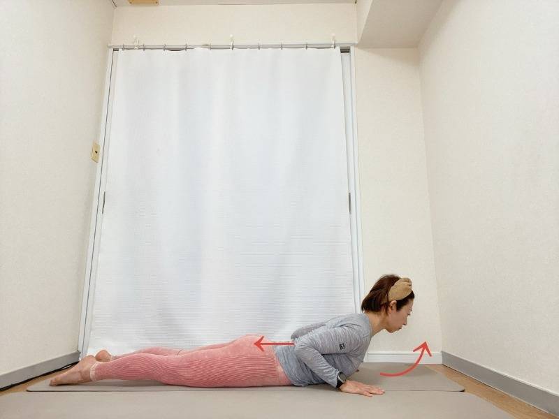 肩の下・胸の横の床に手をついたうつ伏せ方背筋で上体を持ち上げるベイビーコブラのポーズ