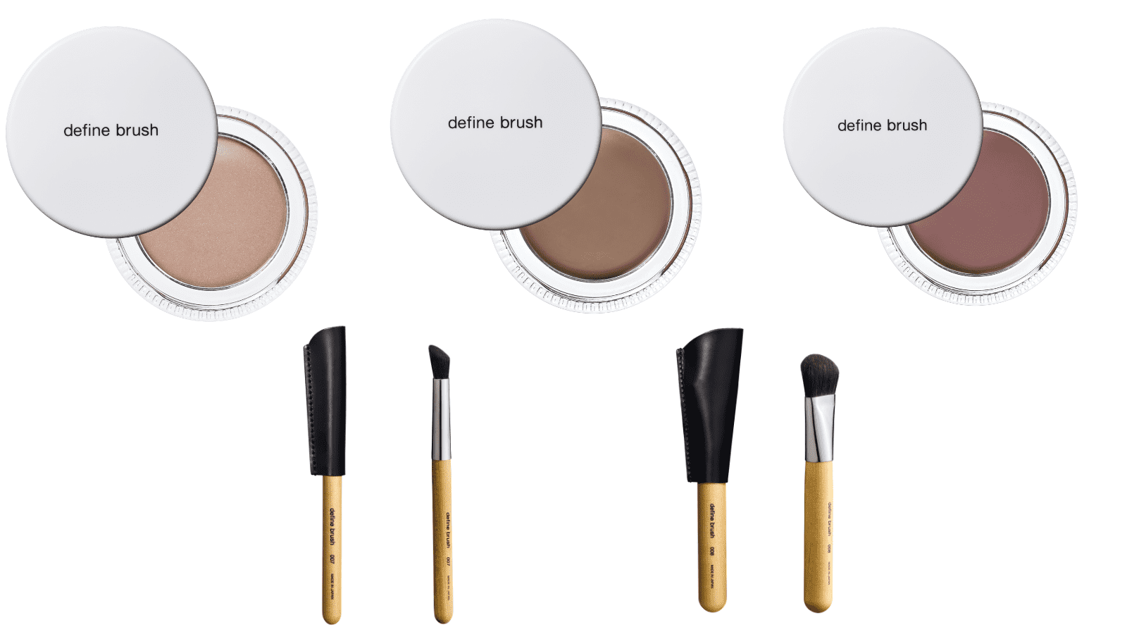 （左から）ハイライティング コンシーラー ¥ 6,490（税込）、 シアー シェーディング ¥ 6,490 （税込）、マルチユースフェイスカラー 02 ¥ 5,500 （税込、）ハイライトブラシ007 ¥ 8,580 （税込）、シェーディング ブラシ008 ¥ 15,400 （税込）／すべてDefine brush　問い合わせ先：