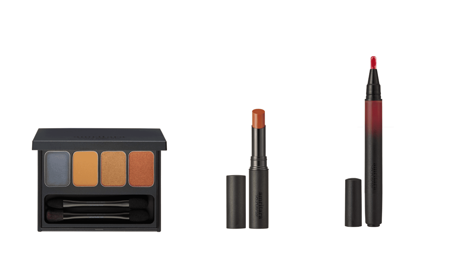 （左から）マンダラアイパレット（イエロースウェール：indigo blue/ yellow beige/ orange beige/ red brown）￥5,500 （税込）、アカシックアミュレットルージュ Mars￥3,960 （税込）、プラーナリップグロス Shikon ¥4,950 （税込）／すべてアムリターラ　問い合わせ先：アムリターラ 03-4405-9518