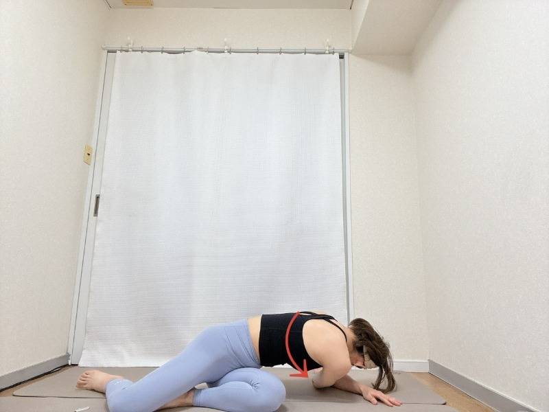 膝下を左に流した横座りで、右肘を床に下し、左手を右脇の下に通して背骨をひねった体勢