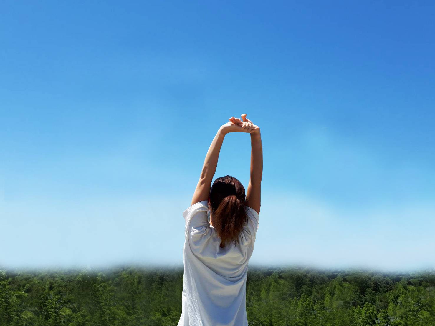 両手を上げる人の後ろ姿