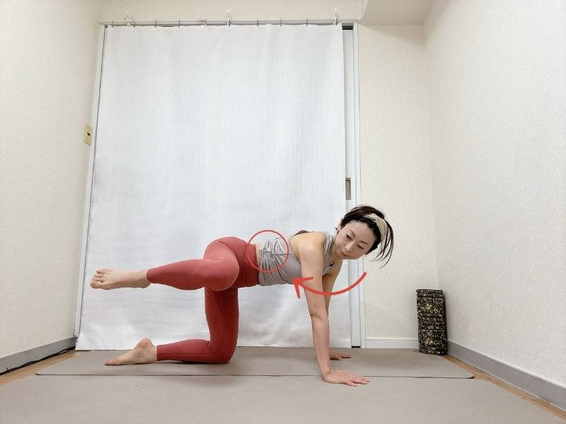 四つ這いから左膝を曲げたまま真横に開き、左肩越しに後ろを振り返った体勢