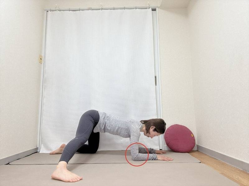 四つ這いから左脚を横に出して肘を肩の下の床に下した体勢
