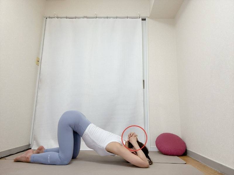 両手を組んで肘をついた四つ這いから組んだ両手を頭の後ろに添え、おでこを床に下す肩回りのストレッチ