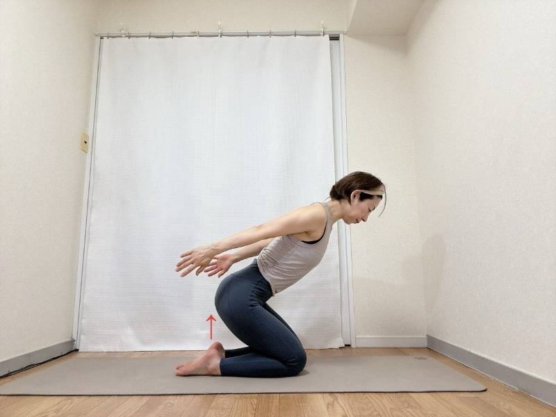 かかとを浮かせ、上体を前に傾けた正座の体勢から腕を後ろに伸ばす、体幹を強化しながら二の腕引き締めるエクササイズ