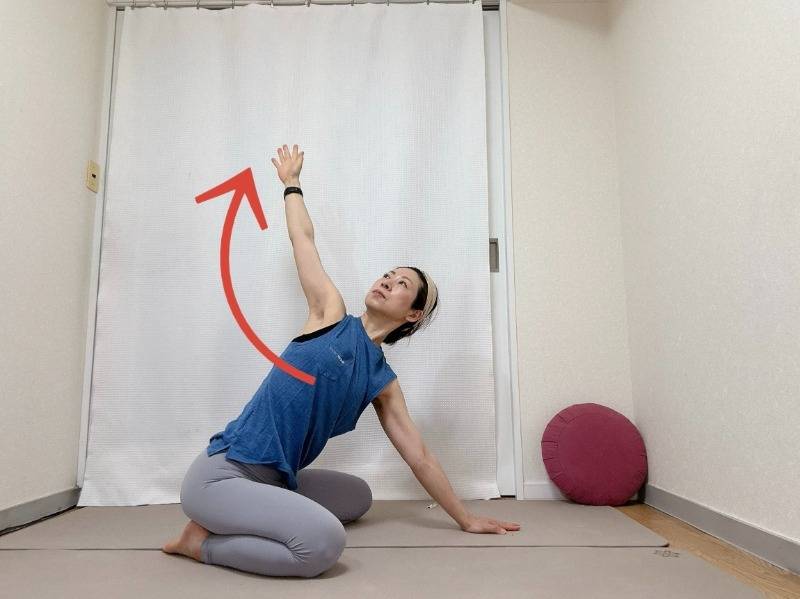 膝を開いた正座から両手を前の床に下し、左手を引き上げて軽く背骨をツイストした体勢