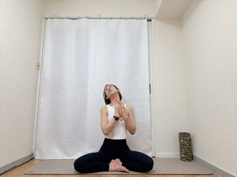 両手を右鎖骨の下に添え、あごを斜め左上に引き上げた鎖骨、首の前側のストレッチ