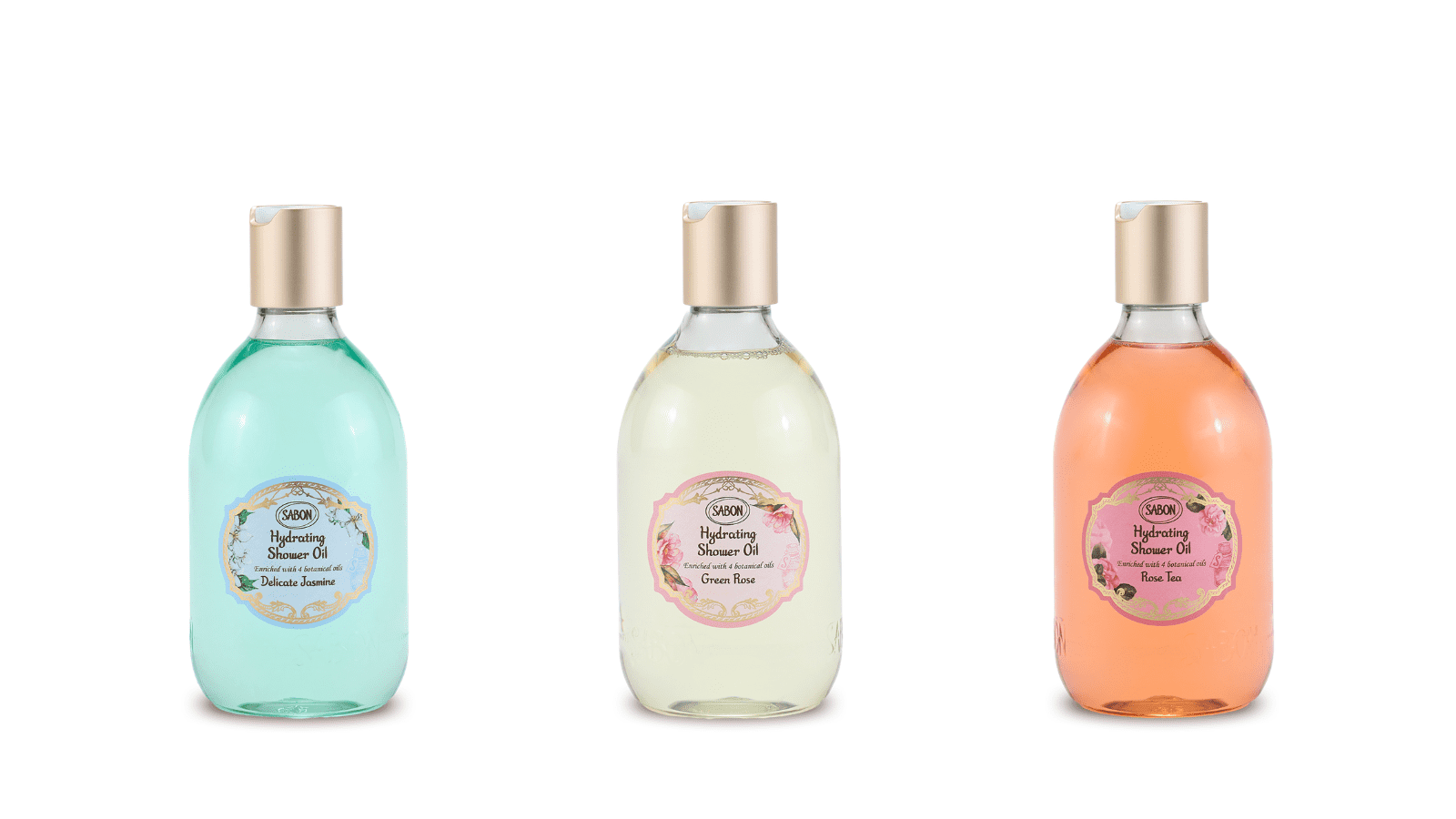ハイドレイティング シャワーオイル　デリケート・ジャスミン、グリーン・ローズ、ローズティー　各300ml ￥3,740（税込）／すべてSABON 問い合わせ先：SABON Japan 0120-380-688