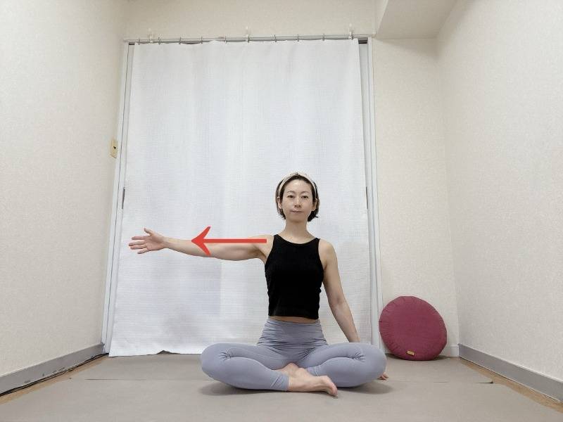 あぐらで座り、左腕を肩の高さで横に伸ばした体勢