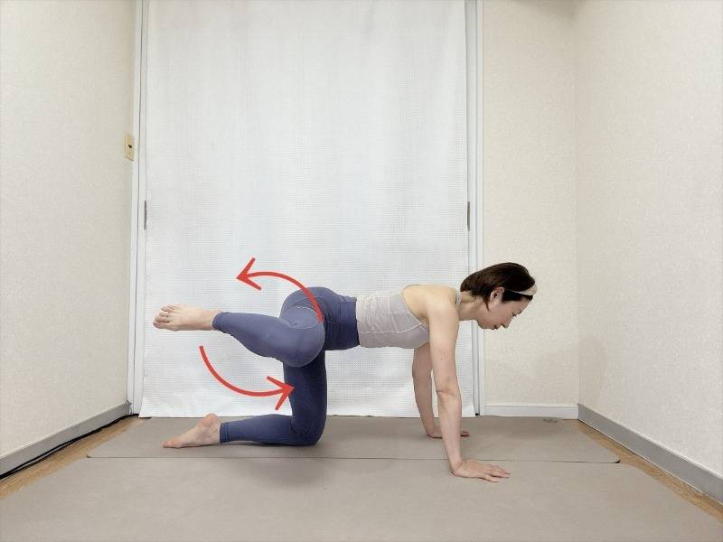 四つ這いで左膝を浮かせ、膝で大きな円を描くように脚を回す股関節とお尻のエクササイズ