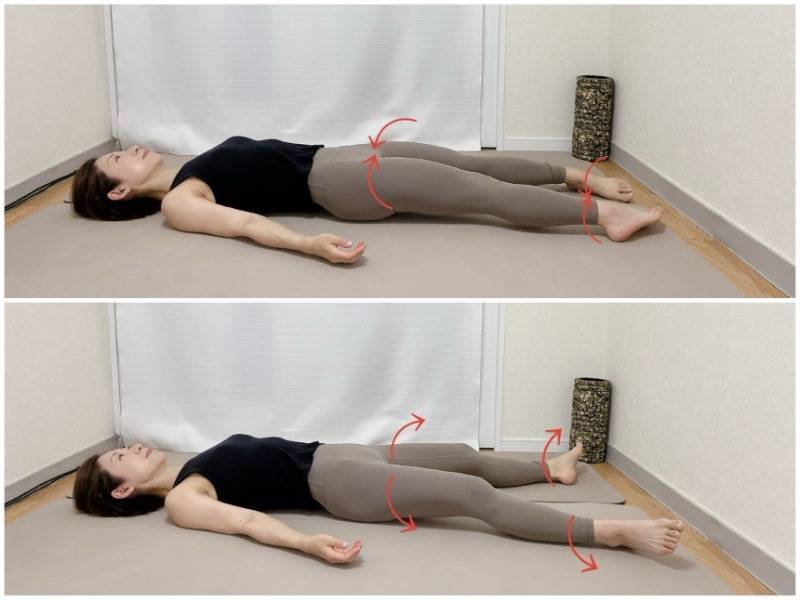 手脚を楽な幅に開いた仰向けから、脚全体を内側外側にパタパタ動かす下半身のほぐし
