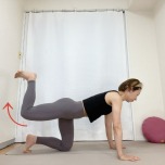 四つ這いから左膝を曲げ、かかとを突き出して太腿が床と並行になるまで脚を持ちあげた体勢