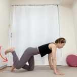 四つ這いから左膝を曲げ、太腿が床と並行になるまで上げてから床すれすれまで下した体勢