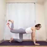 四つ這いから左膝を90度に曲げ、太腿が床と並行になる程度に左脚を浮かせた体勢