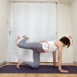 四つ這いから左膝を90度に曲げて床から浮かせ、右にスライド。右肩越しに後ろを振り返り、左脇腹を伸ばすエクササイズ