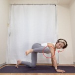 四つ這いから左膝を90度に曲げ、左脇へ寄せ、視線を左膝に向けて脇腹を縮めるエクササイズ