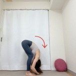 足を軽く開いて立ち、膝を緩め、股関節から体を折りたたむように前屈した体勢