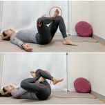 膝を立てた仰向けから右脚を軸にして左足首を右膝にかけ、数字の4の字を作る針の糸通しポーズ